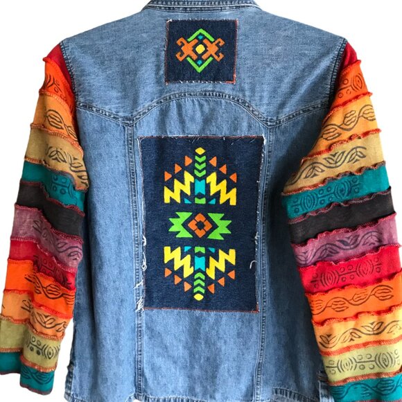 Upcycled Denim Jacket, Size M: Hand-Painted Aztec Patches, Colorful Sleeves - Picture 11 of 12